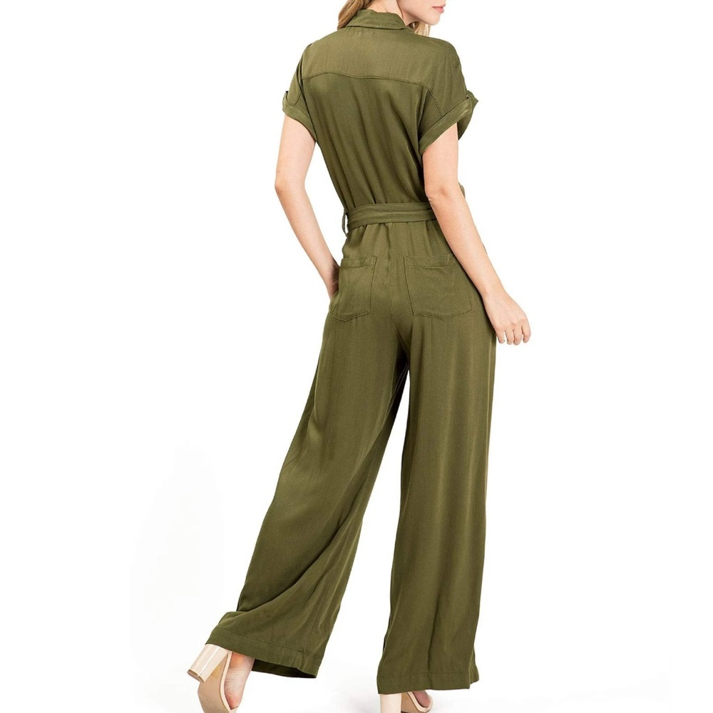 Sneak Peek Olive Green Button-Front Wide-Leg Jumpsuit - Picture 3 of 4